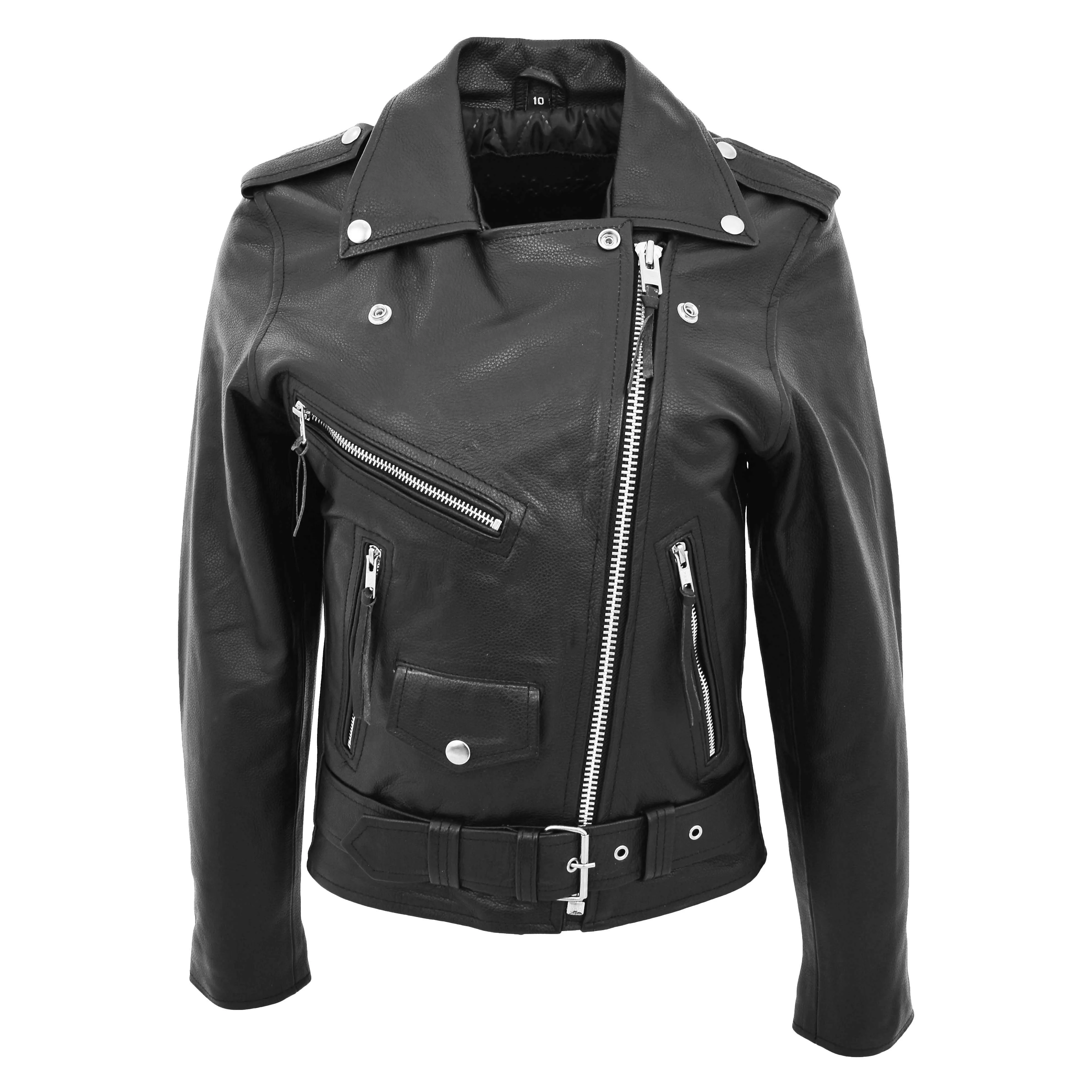 Womens Cowhide Biker Leather Jacket Brando Style Coat Helen Black