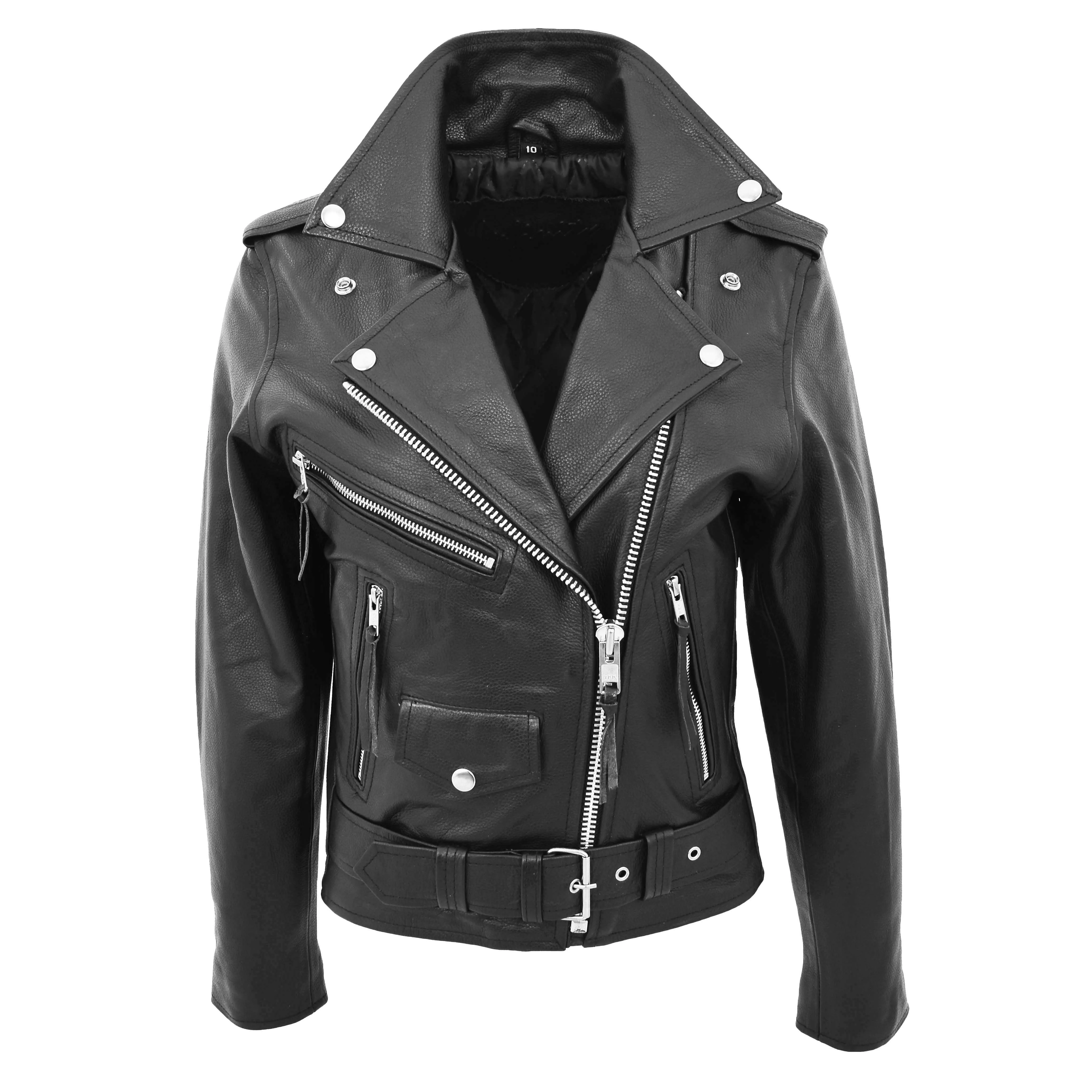 Womens Cowhide Biker Leather Jacket Brando Style Coat Helen Black