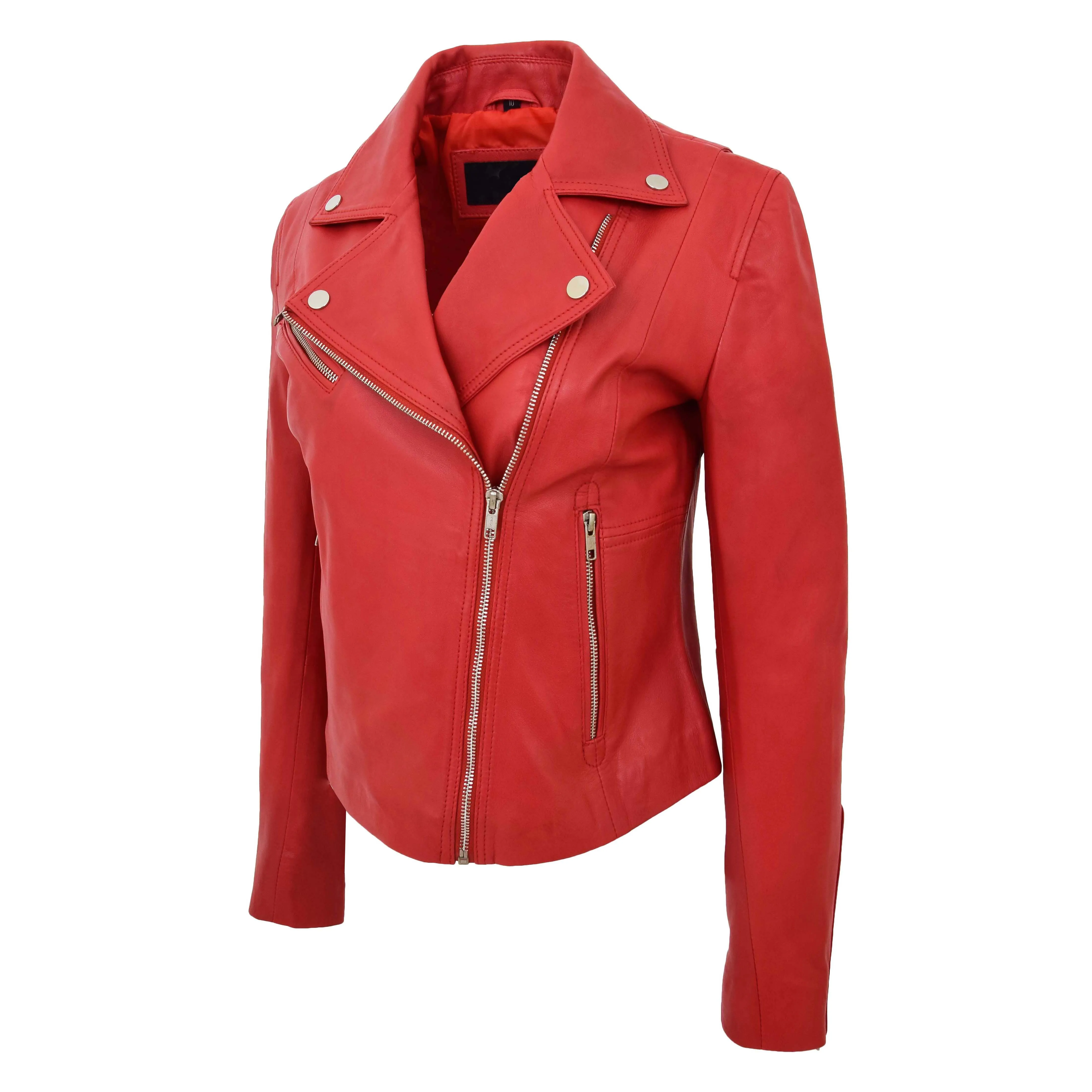 Womens Soft Genuine Leather Biker Jacket Slim Fit Coat Julie Red