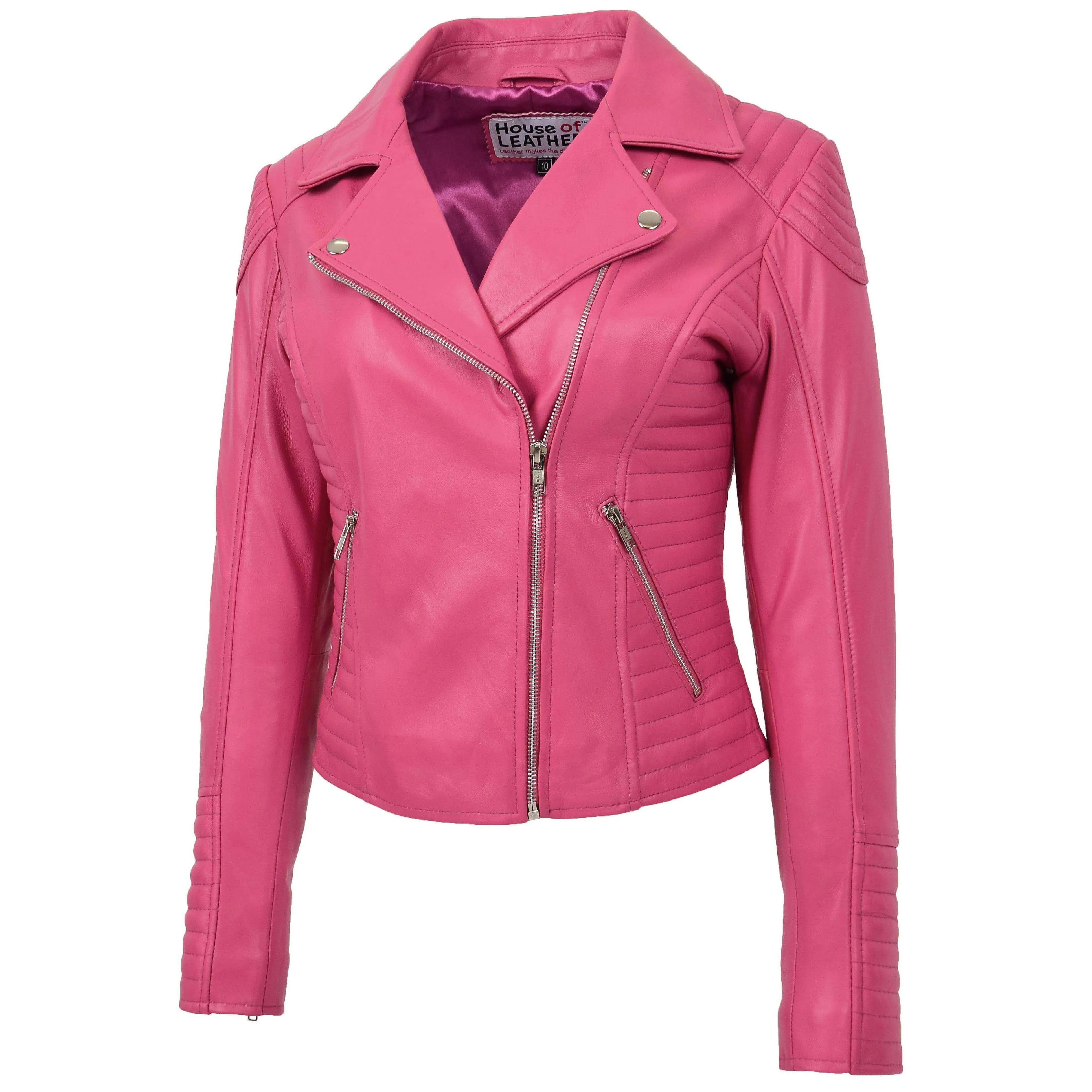 Womens Soft Leather Cross Zip Biker Jacket Anna Pink