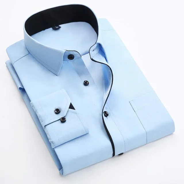 xiangtuibao Men's Classic Shirts Black bars long sleeve dress shirt pocket Solid color Wild men Business cassual shirt slim fit