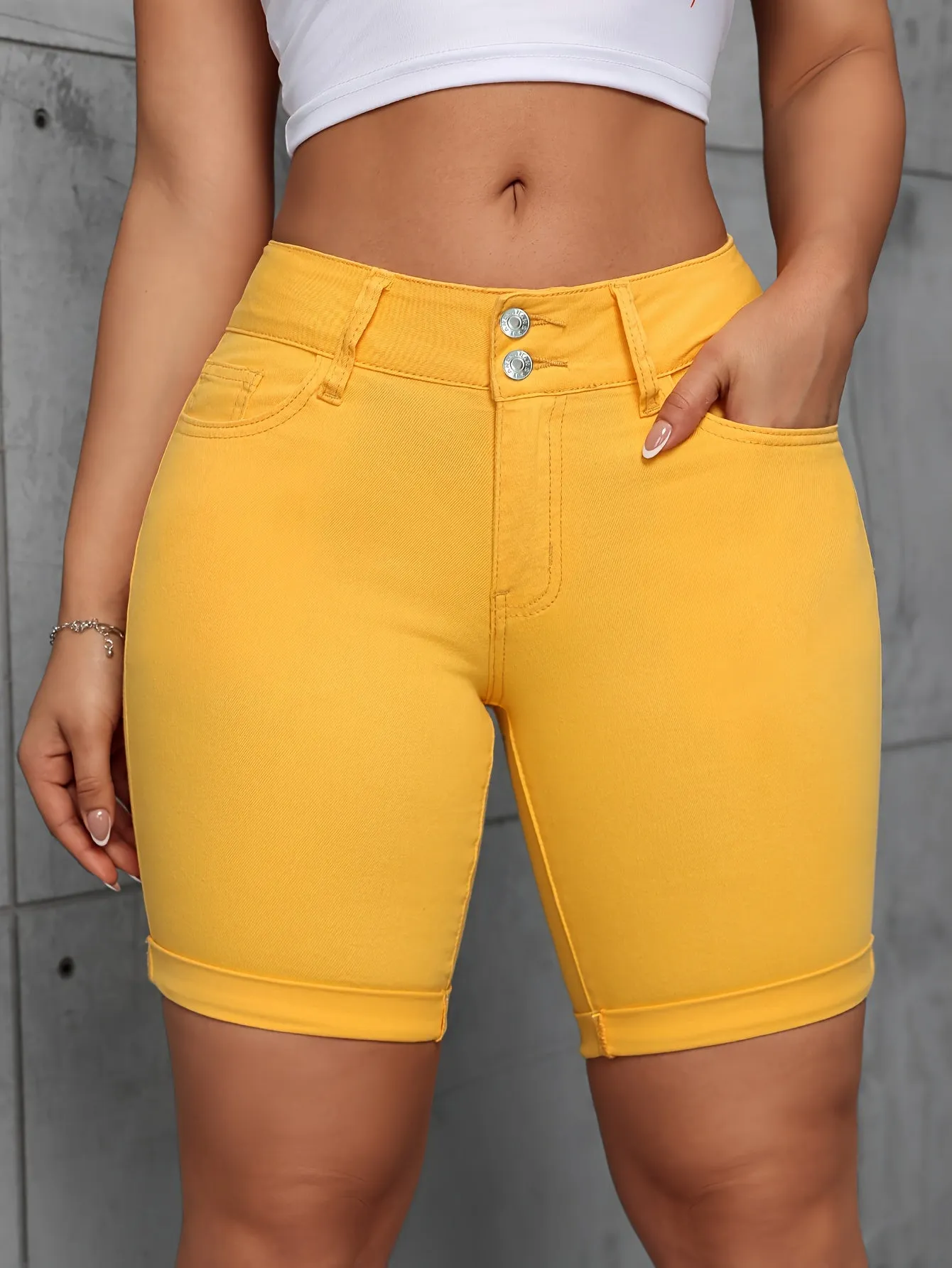 Yellow Double Buttons Slash Pocket Solid Pastel Color Denim Shorts,