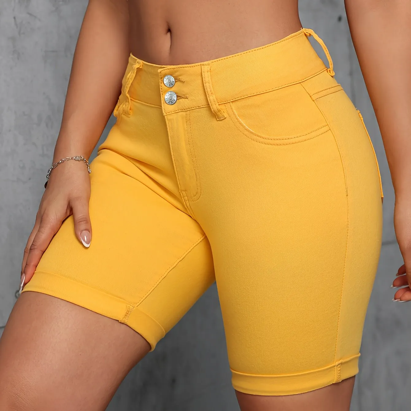 Yellow Double Buttons Slash Pocket Solid Pastel Color Denim Shorts,